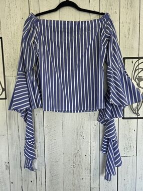 Bishop + Young Blue & White Striped Off Shoulder Ruffle Top Size M Resort Wear